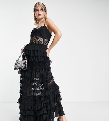 Reclaimed Vintage Limited Edition corset maxi dress with tiered lace in black