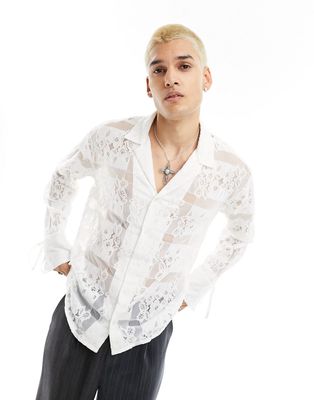 Reclaimed Vintage limited edition long sleeve lace patchwork shirt with tie sleeves-White