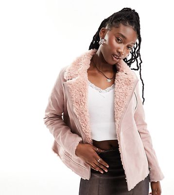 Reclaimed Vintage limited edition real suede biker jacket with fur trim in blush-Neutral