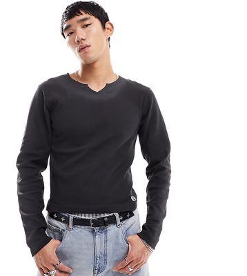 Reclaimed Vintage long sleeve notch neck t-shirt in washed charcoal-Gray