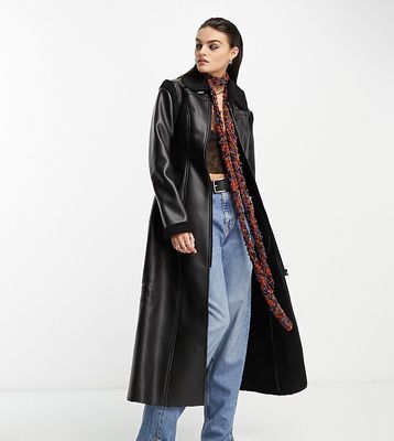 Reclaimed Vintage longline faux leather coat in black with faux shearling trim