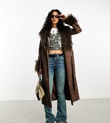 Reclaimed Vintage longline leather look trench with detachable faux fur collar in brown