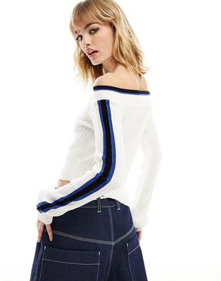 Reclaimed Vintage off shoulder knitted top with asymmetric hem with blue sporty stripe detail-White