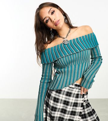Reclaimed Vintage off-shoulder pleated rib knit top-Blue