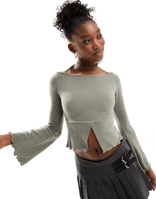 Reclaimed Vintage off the shoulder top with tie detail in green rib