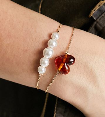 Reclaimed Vintage pearl and amber heart puller bracelets in gold