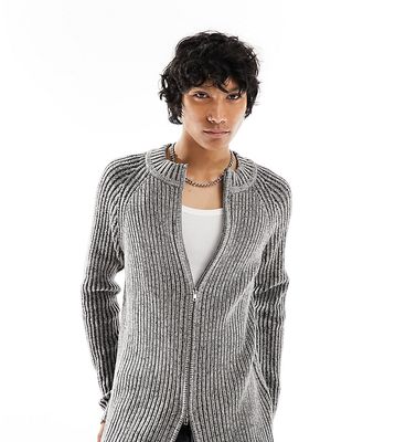 Reclaimed Vintage plated ribbed knit zip up sweater in gray