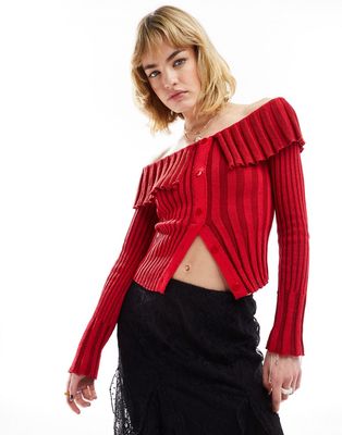 Reclaimed Vintage pleated ribbed knit off shoulder top in red