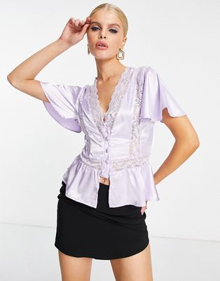 Reclaimed Vintage satin blouse with lace inserts in washed lilac-Purple