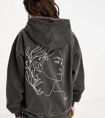 Reclaimed Vintage sketchy face hoodie in washed charcoal-Gray