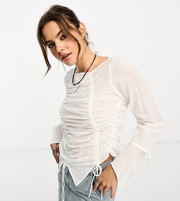 Reclaimed Vintage slash neck top with ruching and tie detail-White