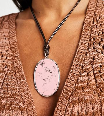 Reclaimed Vintage stone pendant necklace on cord-Pink