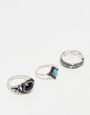 Reclaimed Vintage unisex burnished silver ring pack with blue stones