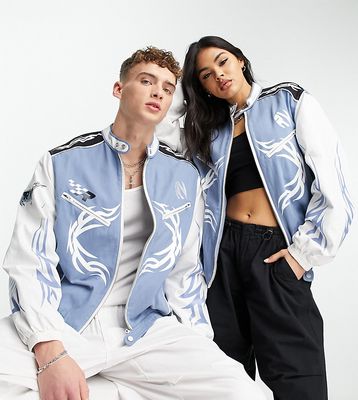 Reclaimed Vintage unisex canvas tattoo print motocross jacket in blue-Multi