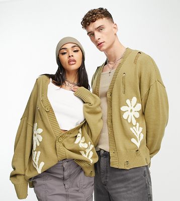 Reclaimed Vintage unisex cardigan with distressing and flower graphic in khaki-Green