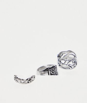 Reclaimed Vintage unisex cutwork burnished ring pack in stainless steel-Silver