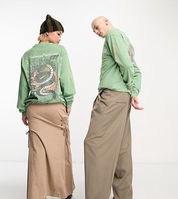 Reclaimed Vintage unisex dragon long sleeve skate T-shirt in khaki-Green