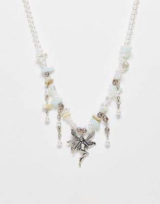 Reclaimed Vintage unisex drippy pearl necklace with fairy pendant-Multi