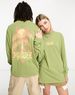 Reclaimed Vintage unisex flame paradise long sleeve t-shirt in khaki-Green