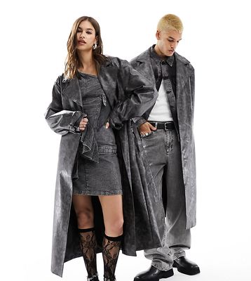 Reclaimed Vintage unisex limited edition washed leather look trench coat with D ring detail in charcoal-Gray
