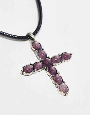 Reclaimed Vintage unisex necklace with purple stone cross on cord-Multi