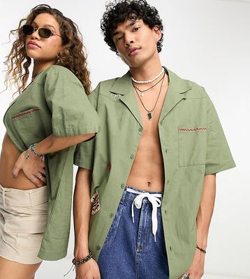 Reclaimed Vintage unisex shirt with stitch embroidery in khaki-Green