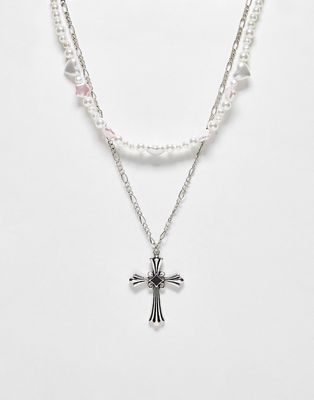 Reclaimed Vintage unisex summer cross beaded multirow necklace