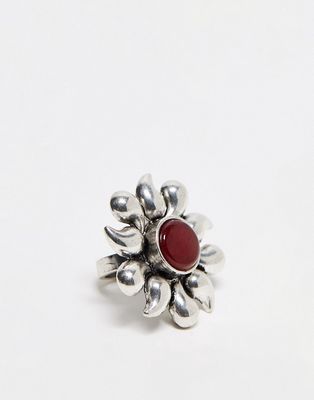 Reclaimed Vintage unisex sun ring with garnet stone in silver-Multi