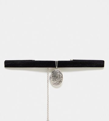 Reclaimed Vintage unisex velvet choker with silver locket-Black