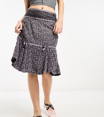 Reclaimed Vintage washed midi skirt with ribbon and bow detail-Gray
