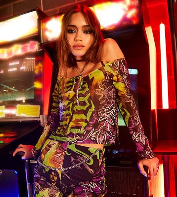 Reclaimed Vintage x Stranger Things mesh top in HellFire Club print-Multi