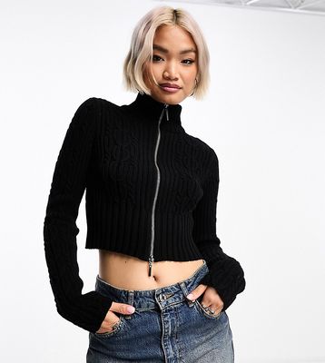 Reclaimed Vintage zip up cropped cable knit sweater in black