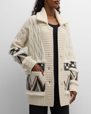Recycled Cashmere Cable-Knit Fringe Cardigan