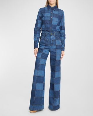 Recycled Denim Patchwork Wide-Leg Jeans