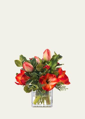 Red Amaryllis and Holly Bouquet 14" Faux Floral Arrangement in Square Glass Vase