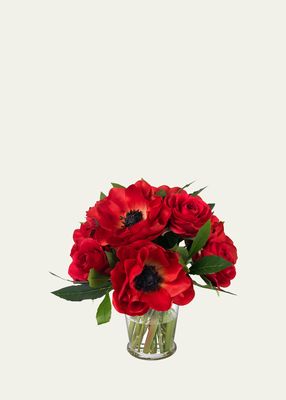 Red Anemones and Roses 9" Faux Floral Arrangement in Glass Julep Vase