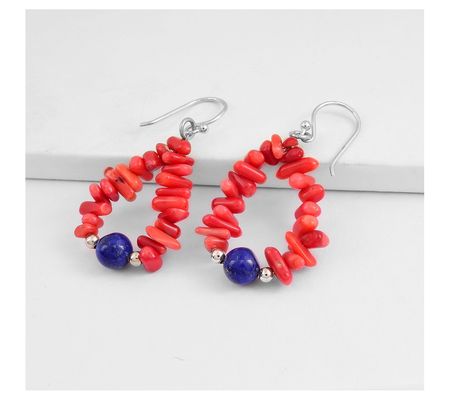 Red Bamboo & Lapis Bead Dangle Earrings, Sterli ng Silver
