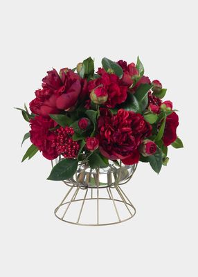Red Camellias & Peonies Bouquet In Cage Vase