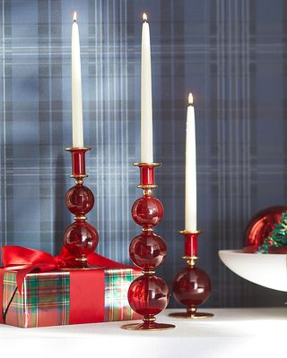 Red Glass Christmas Candle Holder, 11.8"
