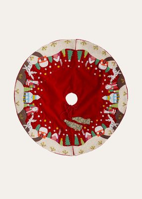 Red Mini Tree Skirt with Beaded Santa Scenes