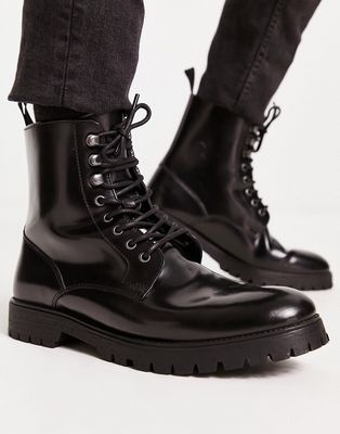 Red Tape chunky hardware lace-up boots in black leather