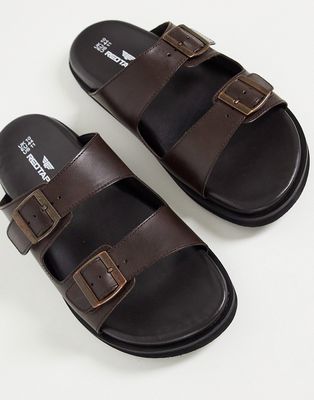 Red Tape double buckle slider sandals in brown leather