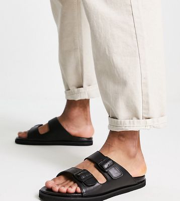 Red Tape wide fit double buckle sandal slides in black leather