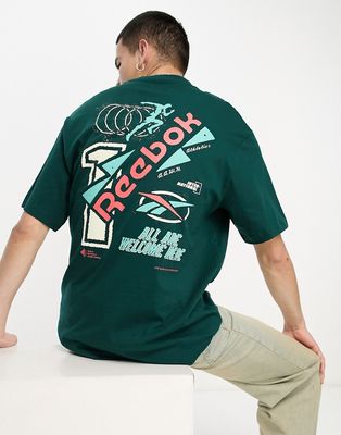 Reebok back print T-shirt in forest green-Black