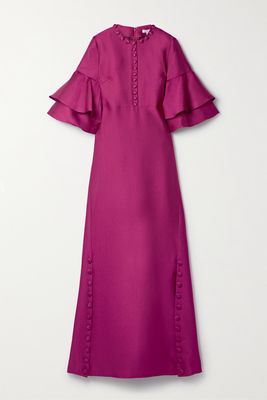 Reem Acra - Button-embellished Ruffled Satin-piqué Gown - Purple