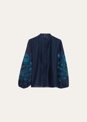 Reese Pintuck Floral-Embroidered Silk Blouse