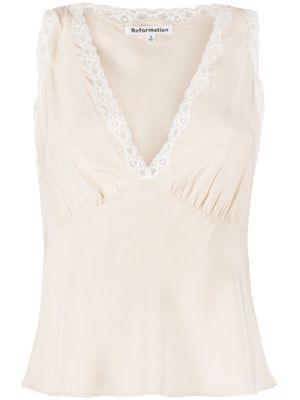 Reformation Valentina lace-trimmed silk blouse - Neutrals