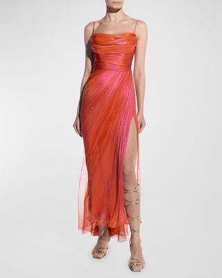 Regina Cowl-Neck Metallic Plisse Gown