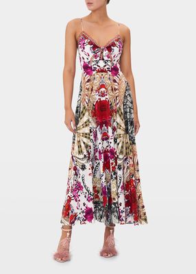 Reign of Roses Tie-Front Long Silk Dress