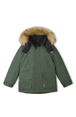 Reima Kids' Serkku Waterproof Down & Feather Fill Jacket with Faux Fur Trim in Thyme Green